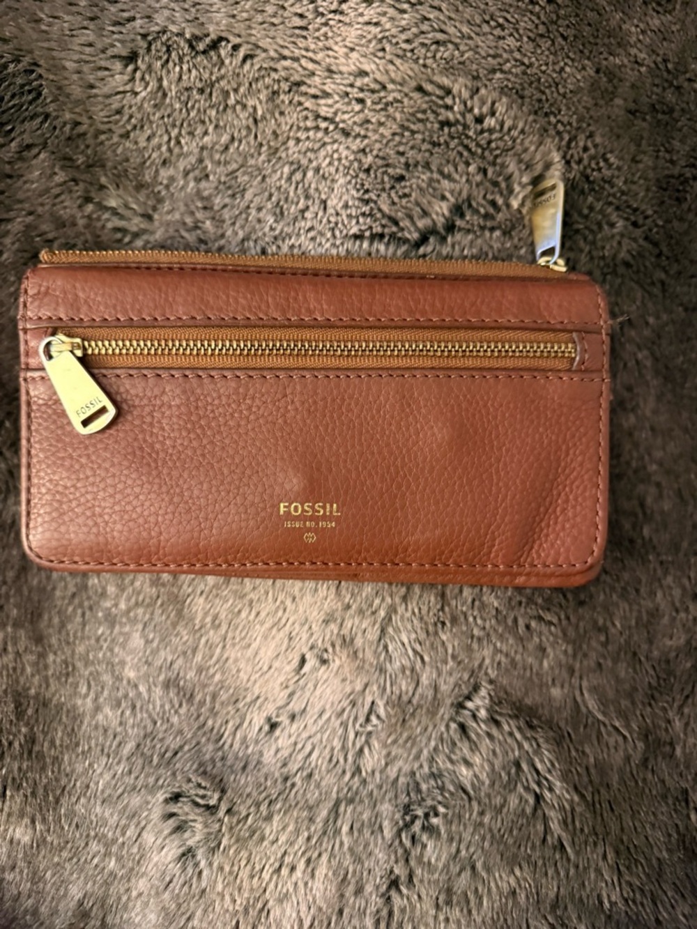 Fossil Tan/Brown Leather Zip Card Wallet with Gold Hardware